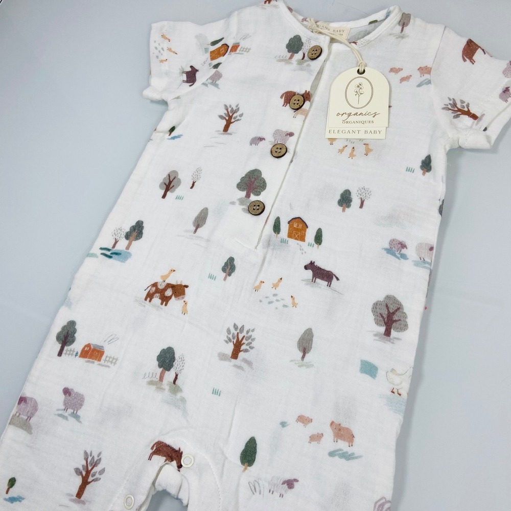 Elegant Baby‎ Kids 6-9M Cream Farm Animal Romper NEW Organic Cotton Muslin Barn